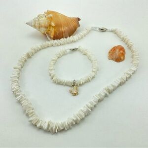White Puka Shell Necklace & Bracelet, Handmade, Mother of Pearl Sea Shell Charm